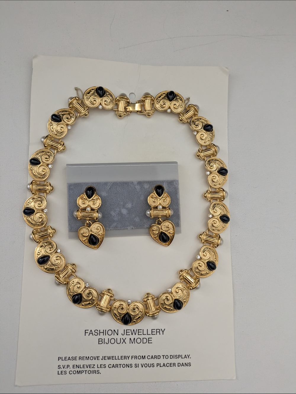Gold-plated Necklace and Earring Set with Black Stone Accents
